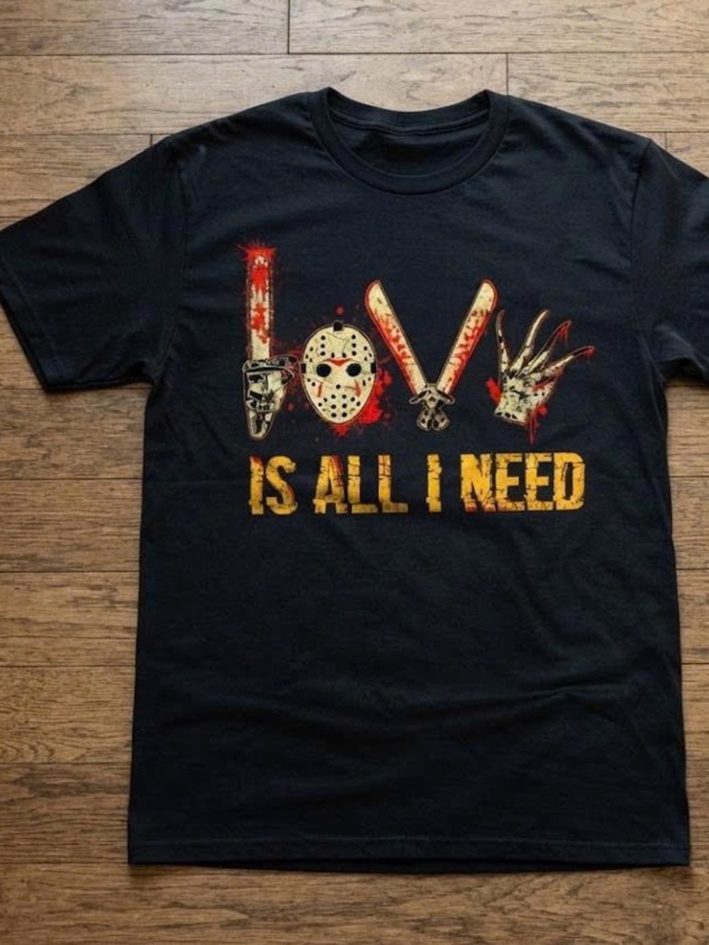 Black Graphic Tee with Yellow and Red Horror Print